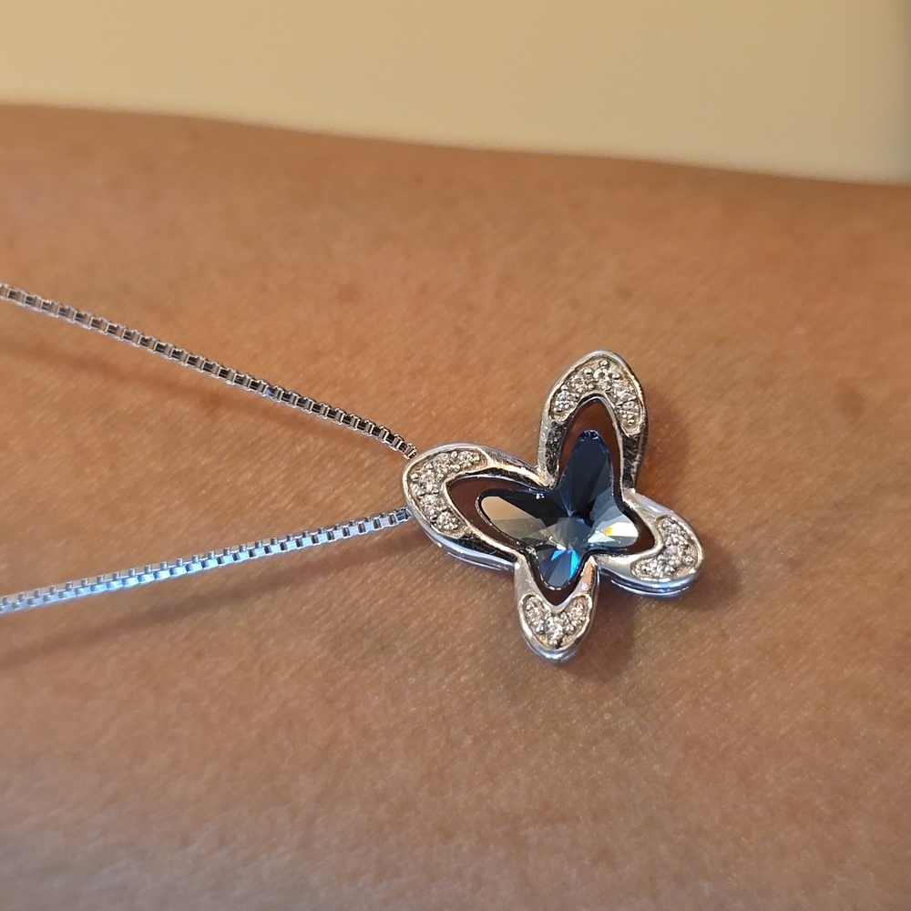 New In Box Swarovski Blue and Silver Butterfly Crystal Necklace